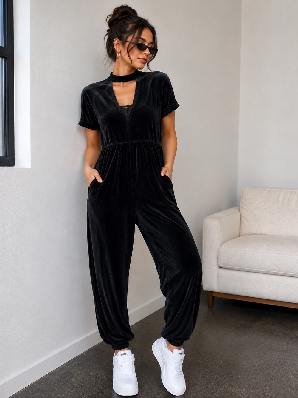 Puma x Selena Gomez Velour Jumpsuit Y2K Black Athleisure Rare Collab Soft Travel